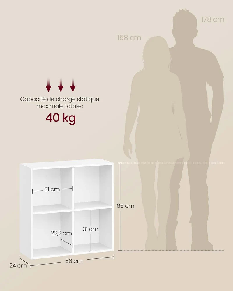 Bibliothèque cubique design épuré meuble de rangement 24 x 66 x 66 cm pour salon bureau salle à manger en aggloméré blanc 12_0012510