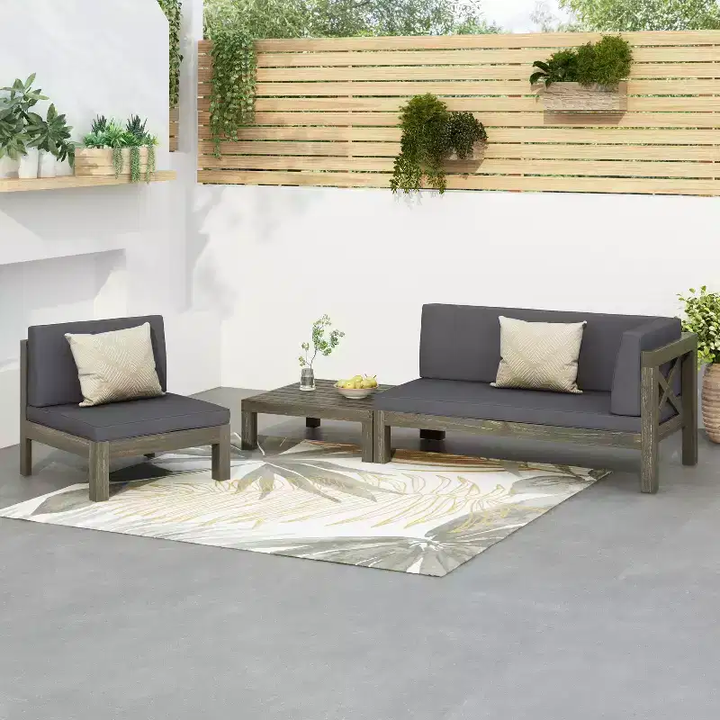 GDFStudio Elowen Ensemble 3 pièces de conversation d'extérieur à accoudoir droit en bois d'acacia et tissu déperlant avec dossier en X