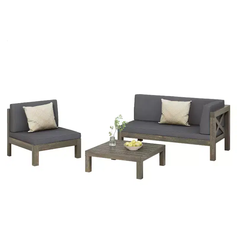 GDFStudio Elowen Ensemble 3 pièces de conversation d'extérieur à accoudoir droit en bois d'acacia et tissu déperlant avec dossier en X
