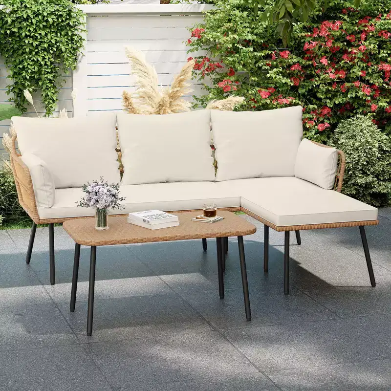 Costway Ensemble de Meubles de Patio en Forme de L 3 Pièces avec Table Basse, Coussins Amovibles Jaune Mixte + Blanc Cassé