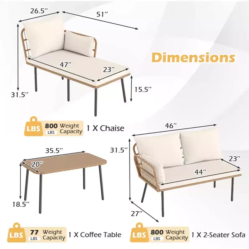 Costway Ensemble de Meubles de Patio en Forme de L 3 Pièces avec Table Basse, Coussins Amovibles Jaune Mixte + Blanc Cassé