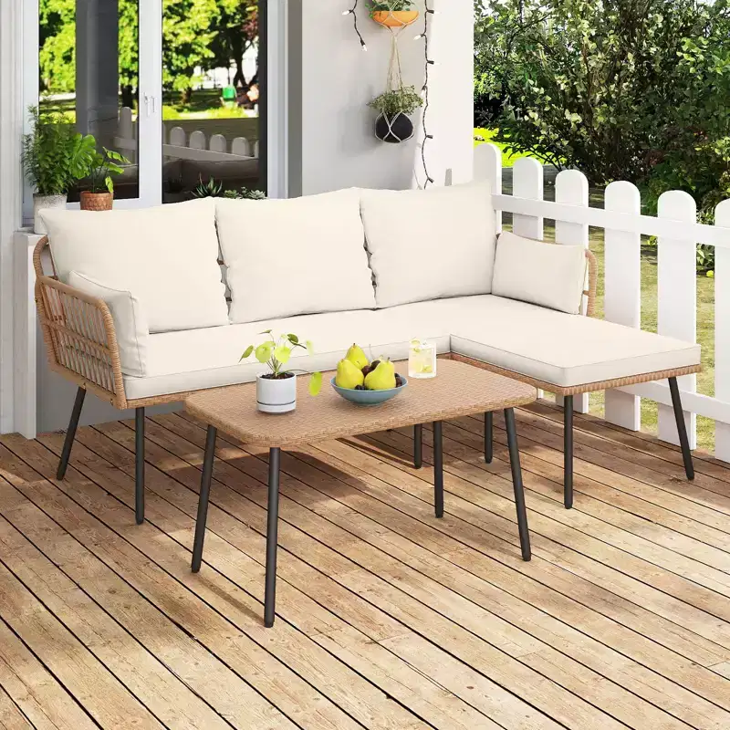 Costway Ensemble de Meubles de Patio en Forme de L 3 Pièces avec Table Basse, Coussins Amovibles Jaune Mixte + Blanc Cassé
