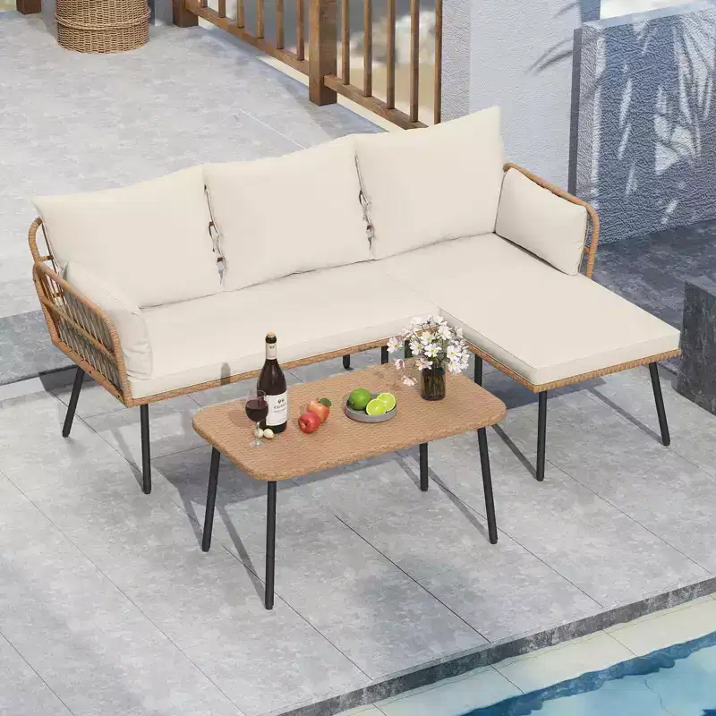 Costway Ensemble de Meubles de Patio en Forme de L 3 Pièces avec Table Basse, Coussins Amovibles Jaune Mixte + Blanc Cassé