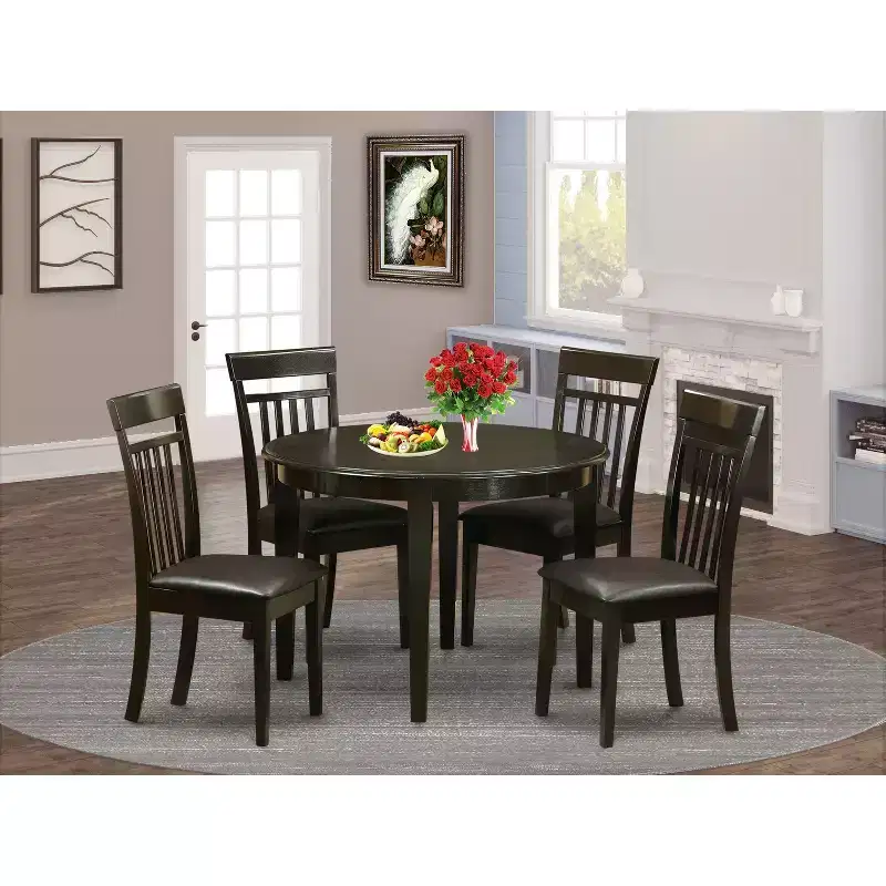 Table à manger HomeStock ronde 5 pièces, dessus en bois massif fini cappuccino avec 4 chaises