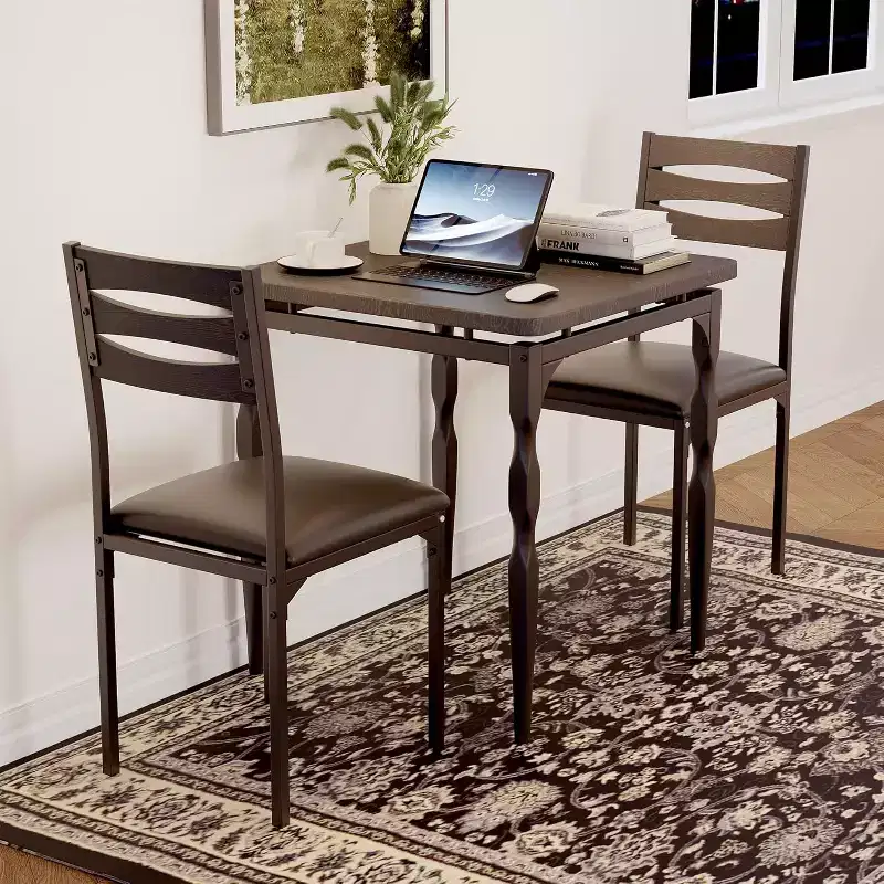 Ensemble table à manger 3 pièces avec pieds en métal en spirale, ensemble compact table et 2 chaises pour petits espaces, ensemble de salle à manger industriel rustique, marron