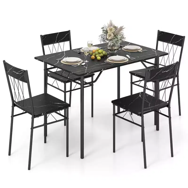 Costway Ensemble de 5 pièces de table de salle à manger pour 4 personnes, table de cuisine rectangulaire et 4 chaises avec cadre en métal gris ciment/noir