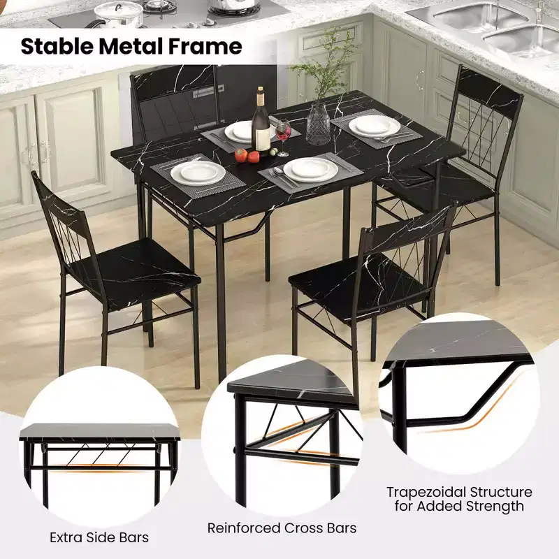 Costway Ensemble de 5 pièces de table de salle à manger pour 4 personnes, table de cuisine rectangulaire et 4 chaises avec cadre en métal gris ciment/noir
