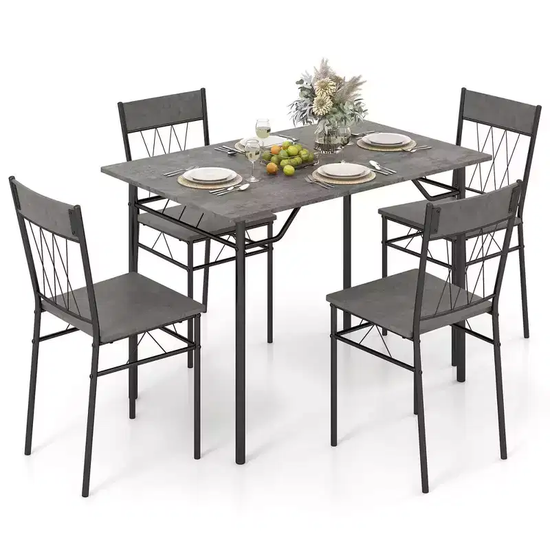 Costway Ensemble de 5 pièces de table de salle à manger pour 4 personnes, table de cuisine rectangulaire et 4 chaises avec cadre en métal gris ciment/noir