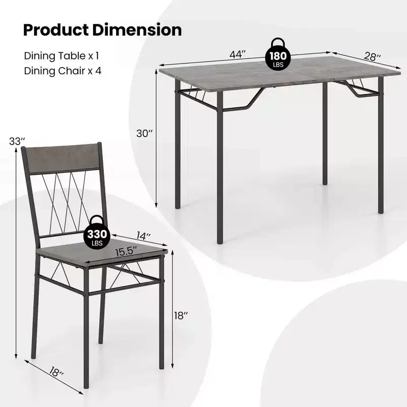 Costway Ensemble de 5 pièces de table de salle à manger pour 4 personnes, table de cuisine rectangulaire et 4 chaises avec cadre en métal gris ciment/noir
