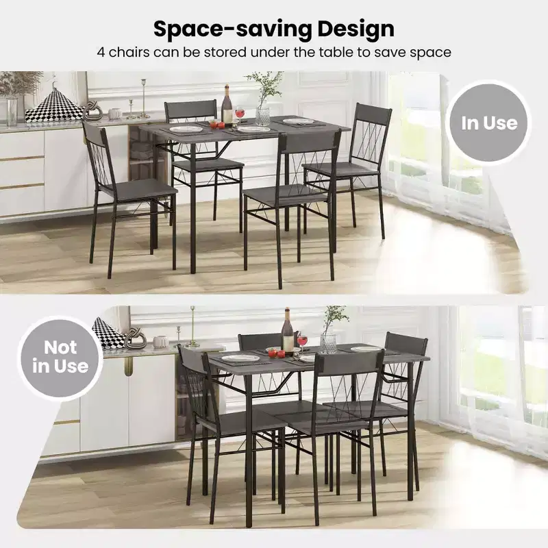 Costway Ensemble de 5 pièces de table de salle à manger pour 4 personnes, table de cuisine rectangulaire et 4 chaises avec cadre en métal gris ciment/noir