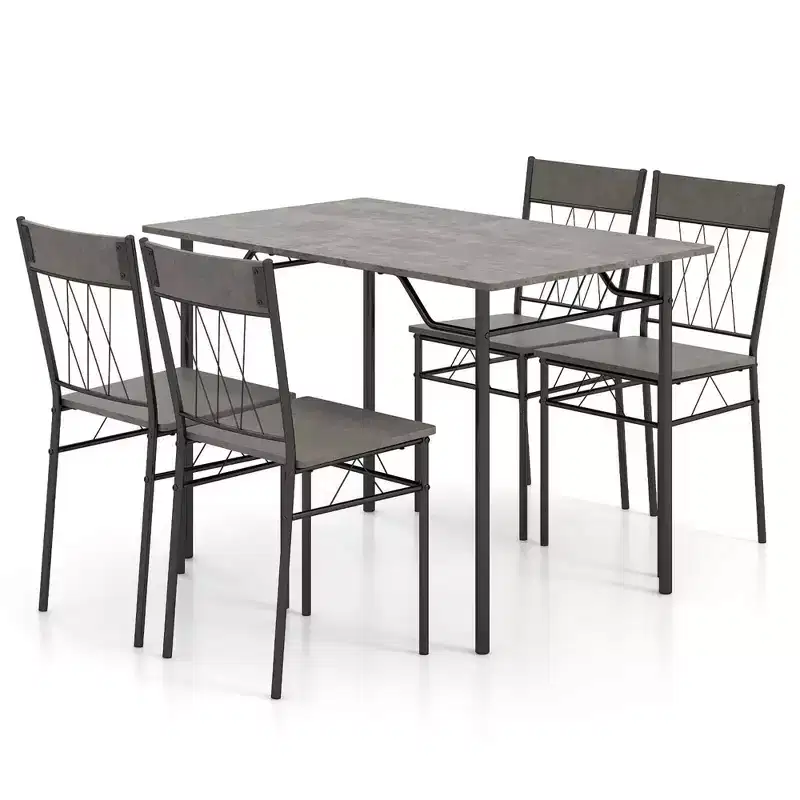 Costway Ensemble de 5 pièces de table de salle à manger pour 4 personnes, table de cuisine rectangulaire et 4 chaises avec cadre en métal gris ciment/noir