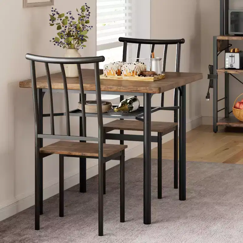 Ensemble de 5 pièces de table de salle à manger pour 4 avec étagère de rangement, ensemble de table de salle à manger rectangulaire en métal et bois pour cuisine, salle à manger, coin repas, marron rustique