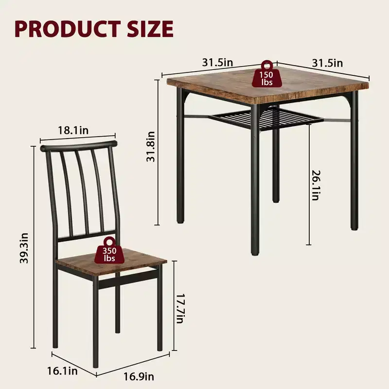 Ensemble de 5 pièces de table de salle à manger pour 4 avec étagère de rangement, ensemble de table de salle à manger rectangulaire en métal et bois pour cuisine, salle à manger, coin repas, marron rustique