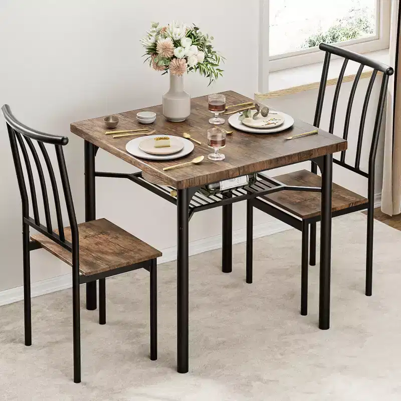 Ensemble de 5 pièces de table de salle à manger pour 4 avec étagère de rangement, ensemble de table de salle à manger rectangulaire en métal et bois pour cuisine, salle à manger, coin repas, marron rustique