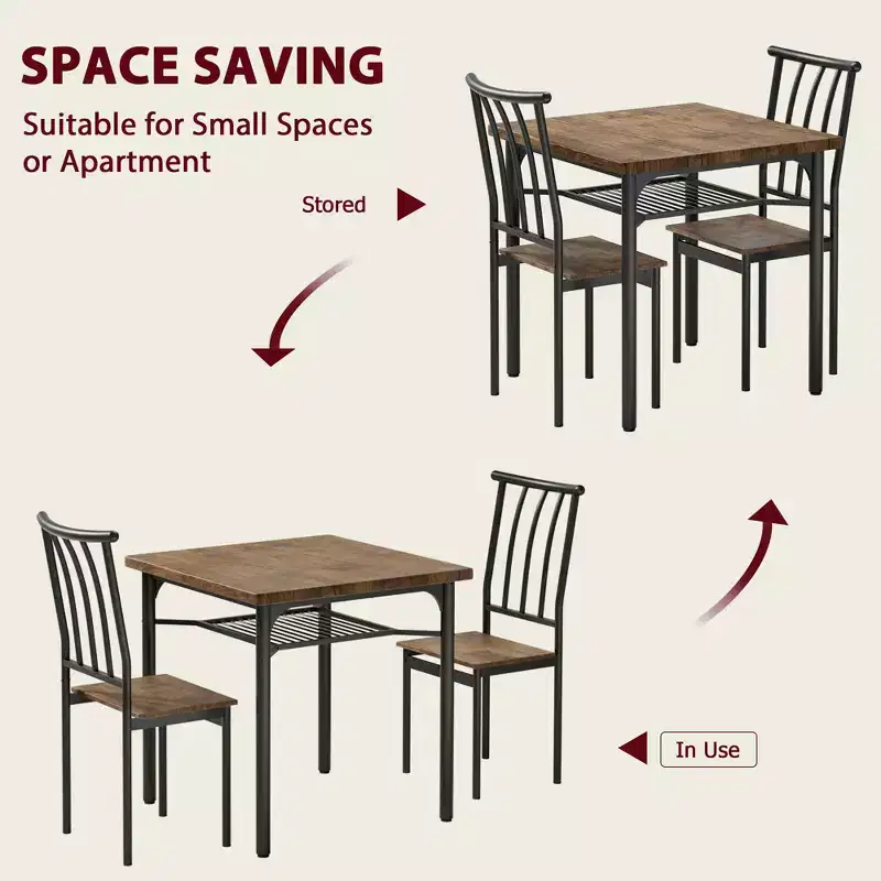 Ensemble de 5 pièces de table de salle à manger pour 4 avec étagère de rangement, ensemble de table de salle à manger rectangulaire en métal et bois pour cuisine, salle à manger, coin repas, marron rustique
