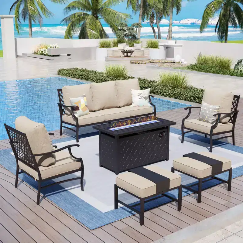 Ensemble conversationnel extérieur Captiva Designs 6 pièces avec bras et repose-pieds à dossier grillagé pour jardin, piscine, cour