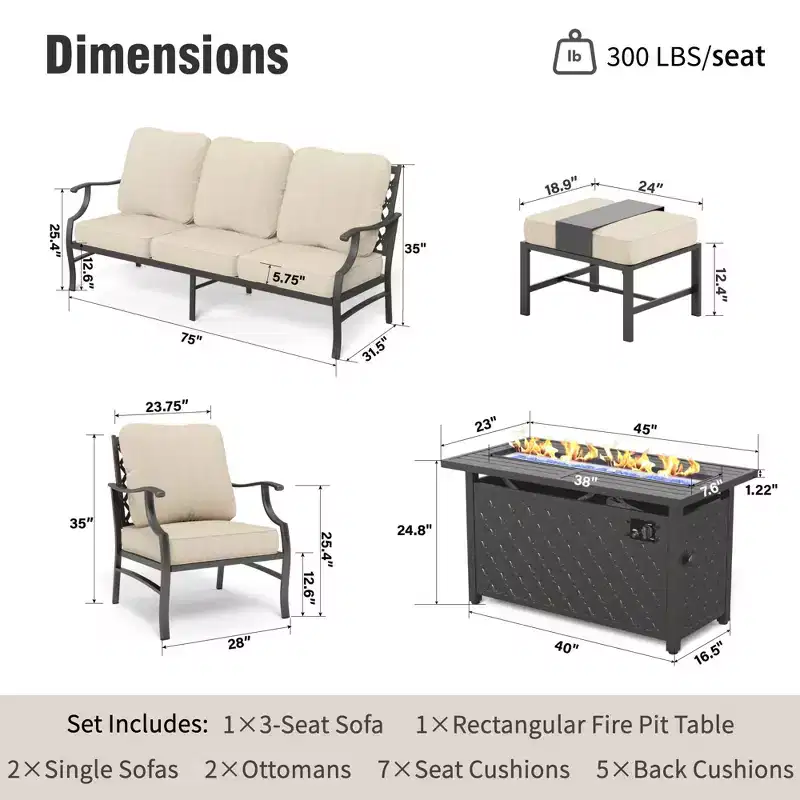 Ensemble conversationnel extérieur Captiva Designs 6 pièces avec bras et repose-pieds à dossier grillagé pour jardin, piscine, cour