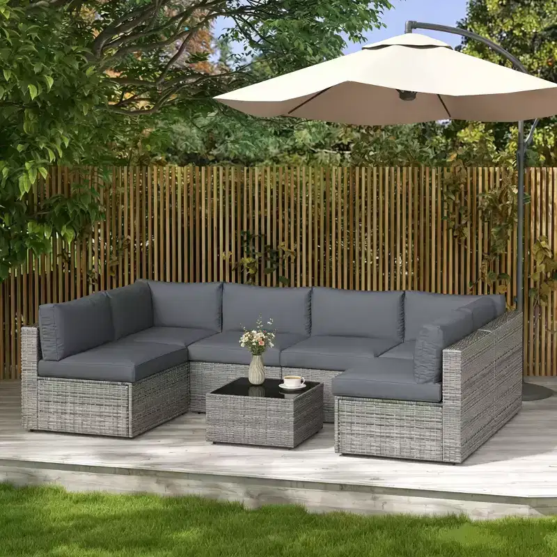 Salon de jardin 7 pièces en rotin, canapé modulaire d'extérieur avec coussins et table basse