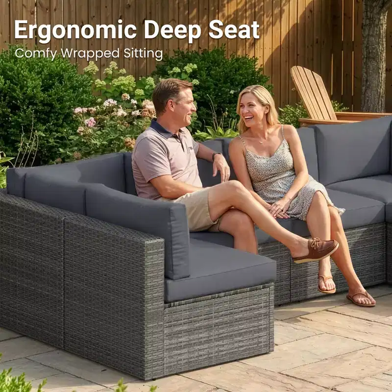 Salon de jardin 7 pièces en rotin, canapé modulaire d'extérieur avec coussins et table basse