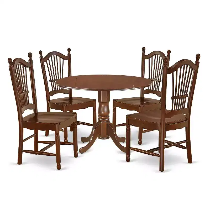 Table de salle à manger HomeStock 5 pièces à plateau rond en bois massif finition acajou avec 4 chaises à abattant