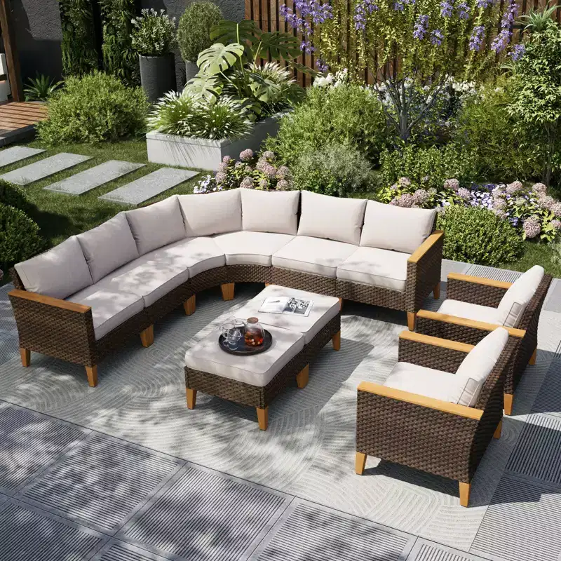 Captiva Designs Salon de jardin demi-lune en rotin et osier 10 pièces avec pouf rembourré