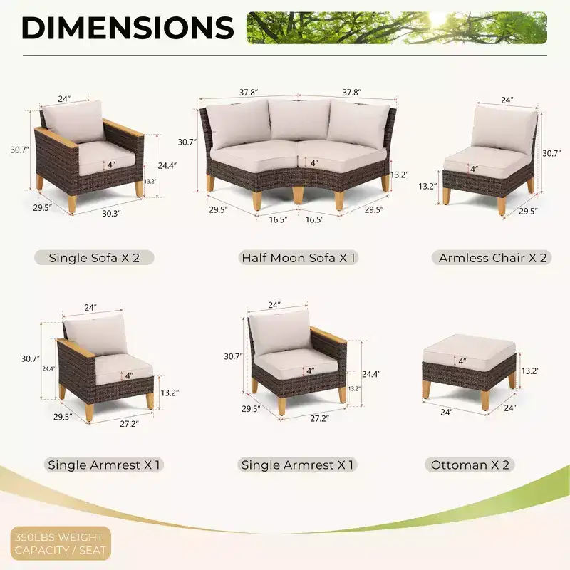 Captiva Designs Salon de jardin demi-lune en rotin et osier 10 pièces avec pouf rembourré