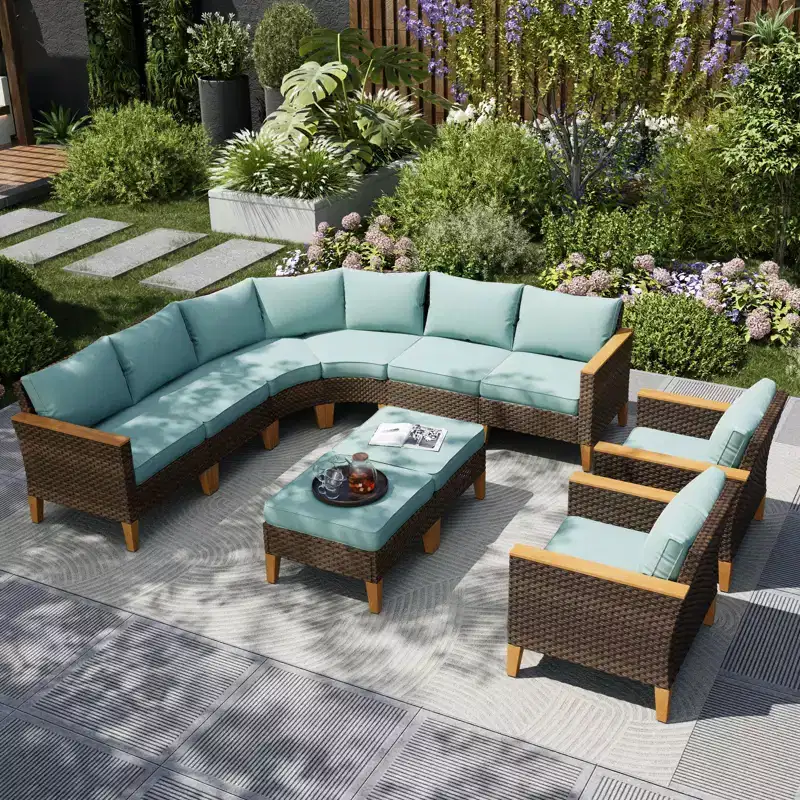 Captiva Designs Salon de jardin demi-lune en rotin et osier 10 pièces avec pouf rembourré