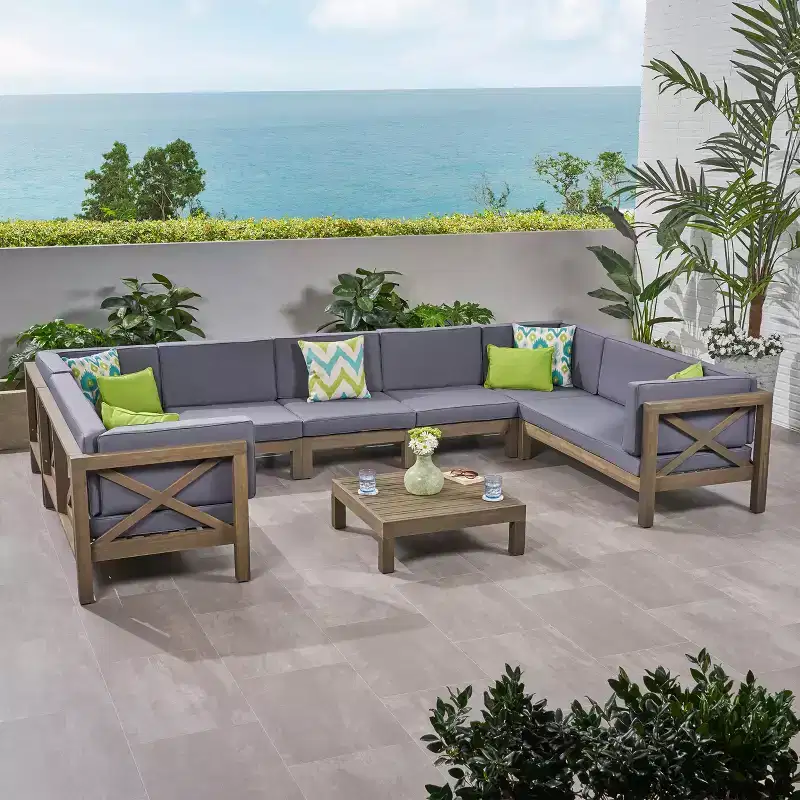 Ensemble de canapés d'extérieur modulaires en bois d'acacia en forme de U à 8 pièces Dominic Christopher Knight Home avec coussins