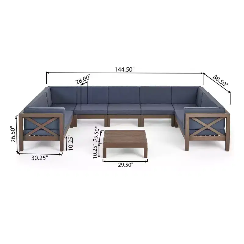 Ensemble de canapés d'extérieur modulaires en bois d'acacia en forme de U à 8 pièces Dominic Christopher Knight Home avec coussins