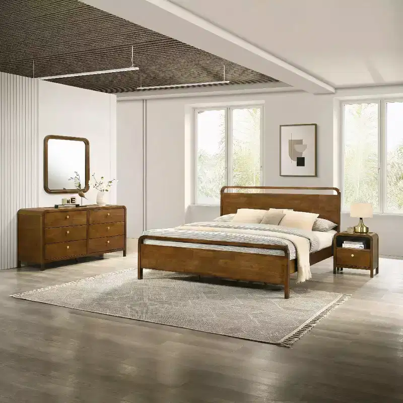 Ensemble de chambre à coucher Roundhill Furniture Eldren en bois, lit plateforme avec commode, miroir et table de chevet au fini noyer