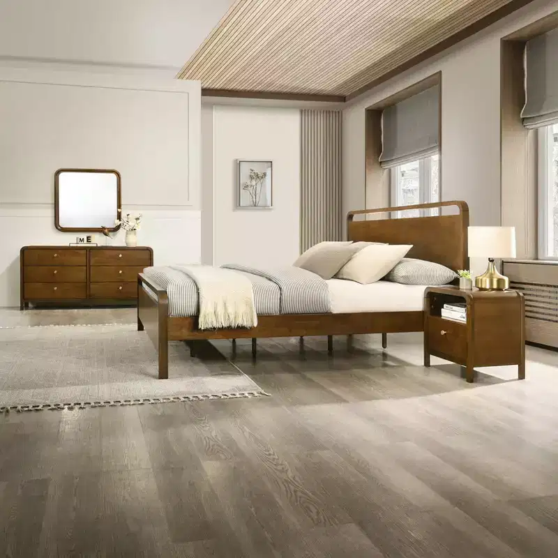 Ensemble de chambre à coucher Roundhill Furniture Eldren en bois, lit plateforme avec commode, miroir et table de chevet au fini noyer