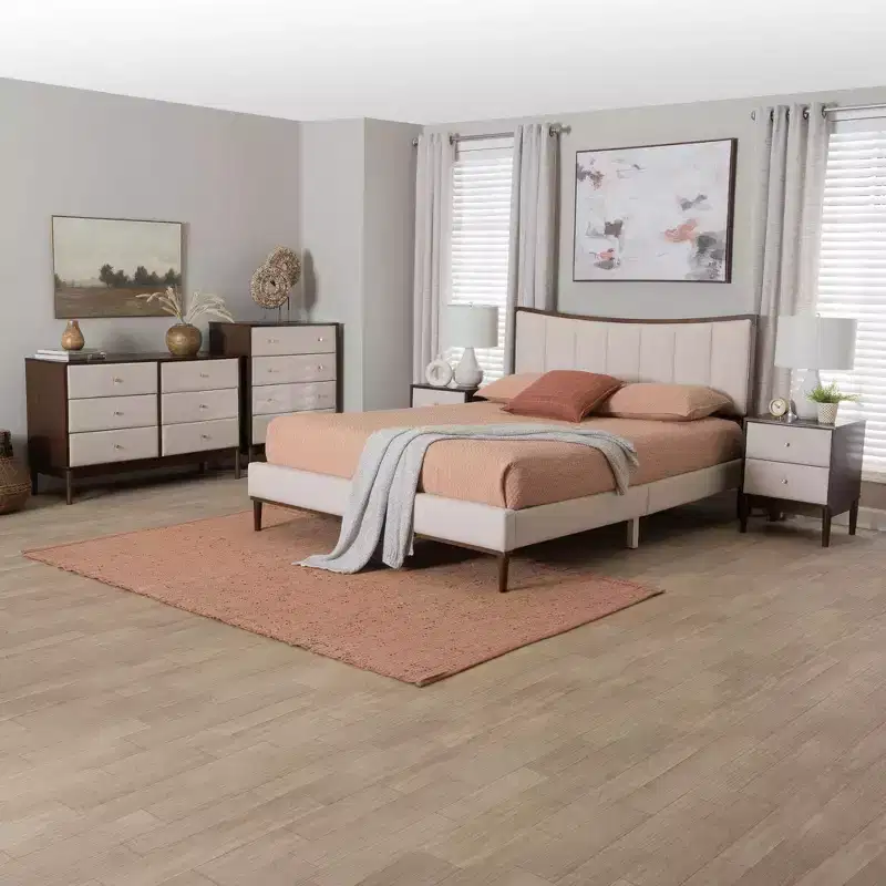 Ensemble de chambre à coucher 5 pièces Queen Baxton Studio Nikolai avec tissu tufté beige et bois brun wengé, style Mid-Century