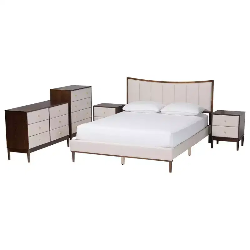Ensemble de chambre à coucher 5 pièces Queen Baxton Studio Nikolai avec tissu tufté beige et bois brun wengé, style Mid-Century