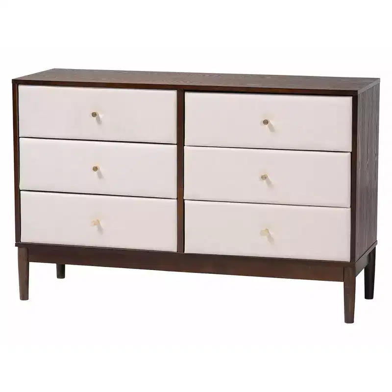 Ensemble de chambre à coucher 5 pièces Queen Baxton Studio Nikolai avec tissu tufté beige et bois brun wengé, style Mid-Century