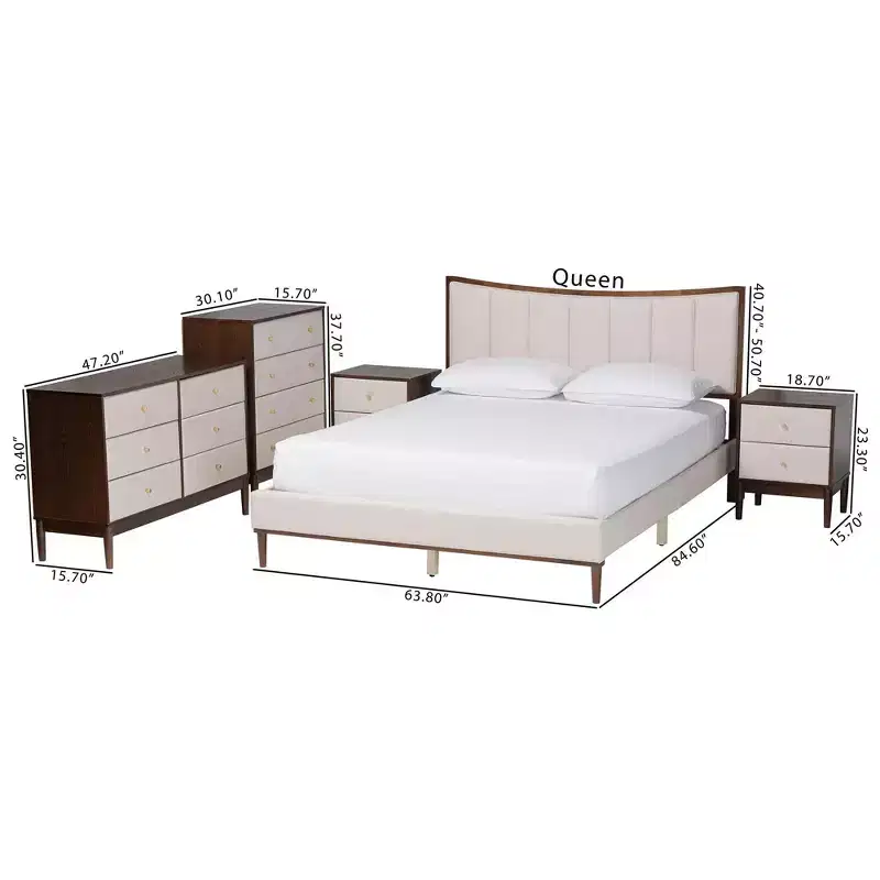 Ensemble de chambre à coucher 5 pièces Queen Baxton Studio Nikolai avec tissu tufté beige et bois brun wengé, style Mid-Century