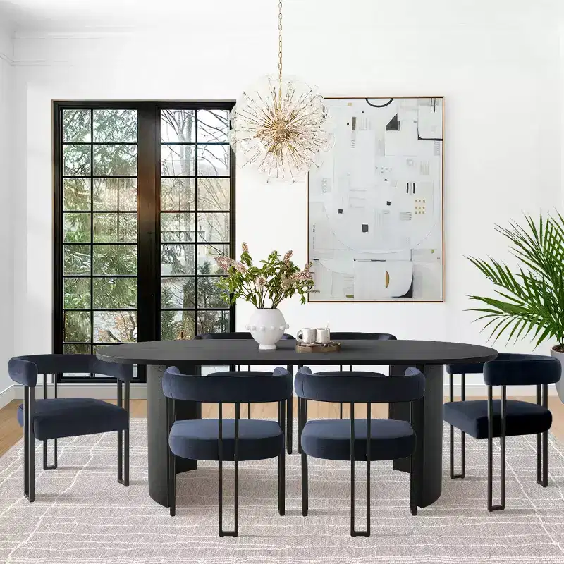 Ensemble de salle à manger 7 pièces avec chaises en velours, table ovale noire moderne et fauteuils rembourrés avec pieds en métal pour salle à manger - Panipeachy