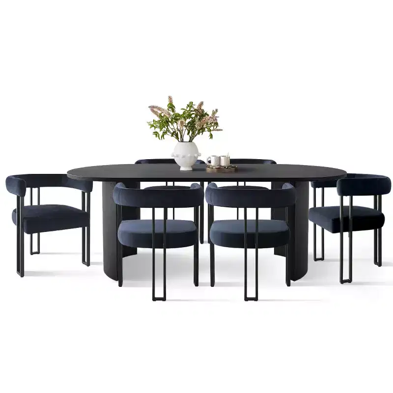 Ensemble de salle à manger 7 pièces avec chaises en velours, table ovale noire moderne et fauteuils rembourrés avec pieds en métal pour salle à manger - Panipeachy