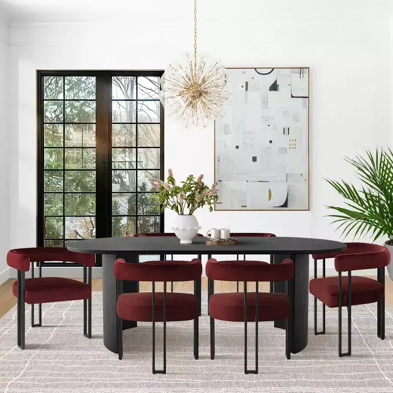 Ensemble de salle à manger 7 pièces avec chaises en velours, table ovale noire moderne et fauteuils rembourrés avec pieds en métal pour salle à manger - Panipeachy