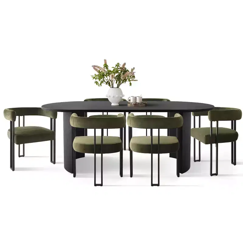 Ensemble de salle à manger 7 pièces avec chaises en velours, table ovale noire moderne et fauteuils rembourrés avec pieds en métal pour salle à manger - Panipeachy