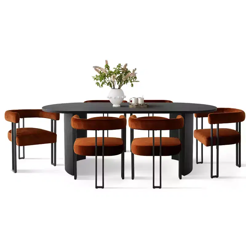 Ensemble de salle à manger 7 pièces avec chaises en velours, table ovale noire moderne et fauteuils rembourrés avec pieds en métal pour salle à manger - Panipeachy