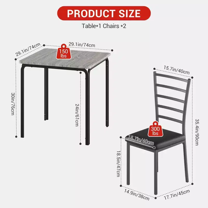 Ensemble table à manger compacte peu encombrante pour 2 personnes - Table carrée moderne avec 2 chaises - Parfait pour les petits appartements, les cuisines ou les coins repas