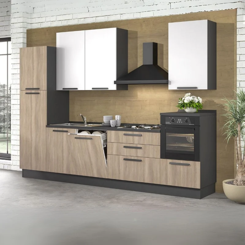 Cucina moderna con elettrodomestici colore rovere e bianco 330 cm - Sinky