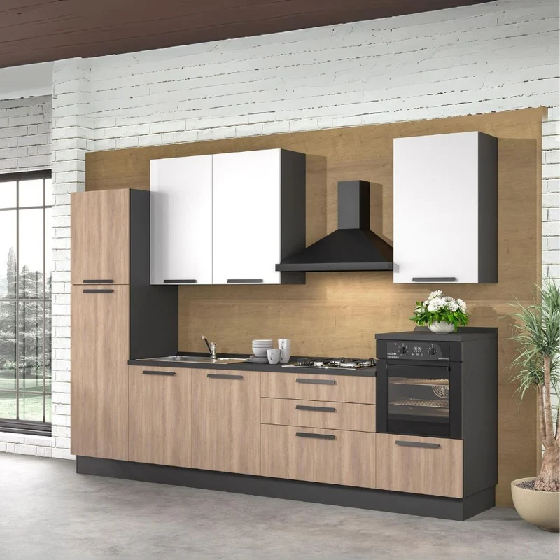 Cucina moderna con elettrodomestici colore rovere e bianco 330 cm - Sinky