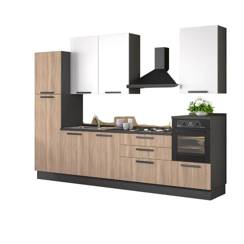 Cucina moderna con elettrodomestici colore rovere e bianco 330 cm - Sinky