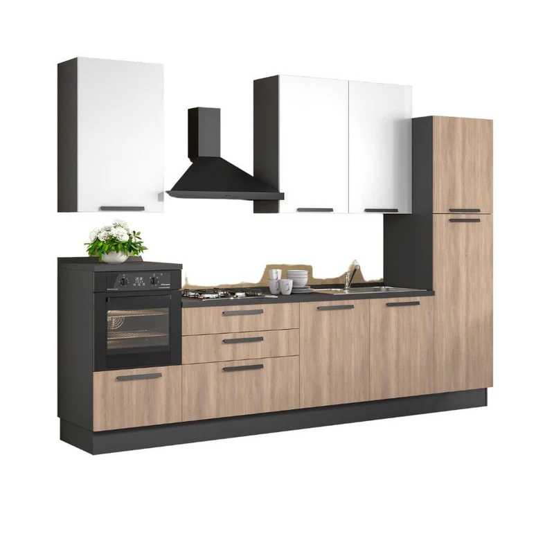 Cucina moderna con elettrodomestici colore rovere e bianco 330 cm - Sinky
