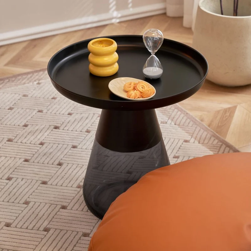 Tavolino rotondo da salotto base vetro fumè e piano verniciato nero 60x43H cm - Tiglio