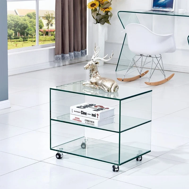 Tavolino da salotto in vetro temperato con ruote 60x53H cm - Corniolo