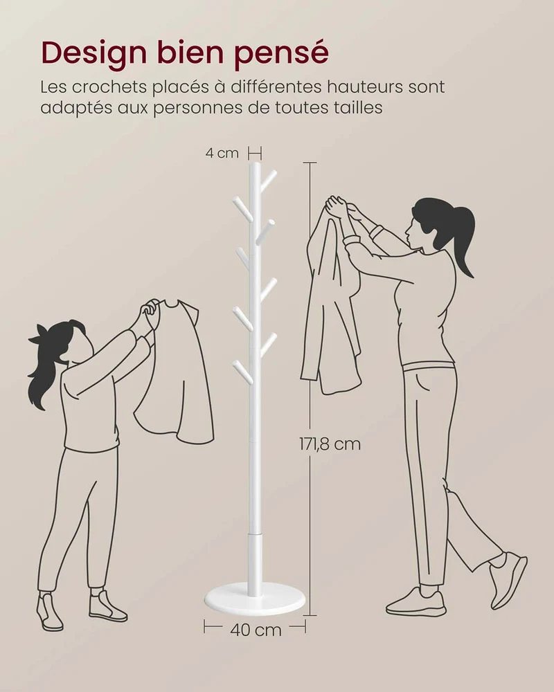 Portemanteau sur pieds avec 8 crochets pour manteaux et chapeaux 40 x 171,8 cm style moderne entrée en bois d'hévéa beige 12_0012220