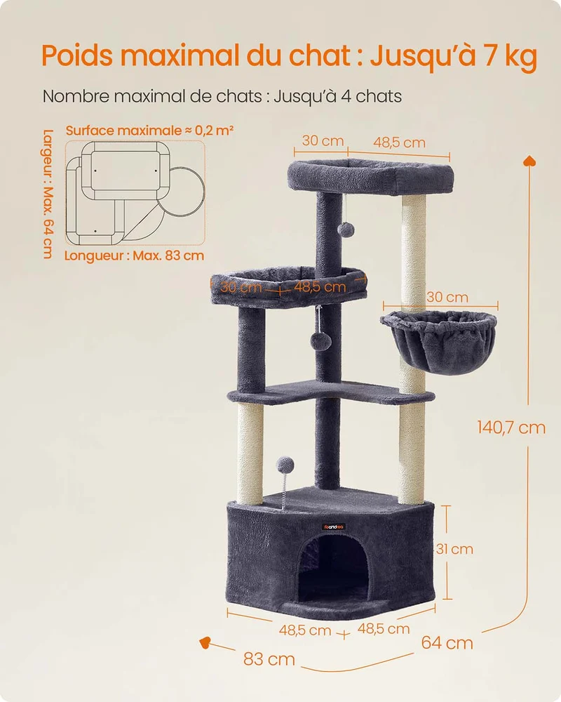 Arbre à chat tour de jeux pour chats 48,5 x 48,5 x 140,7 cm avec niches et plateformes confortables en aggloméré gris foncé 12_0012193