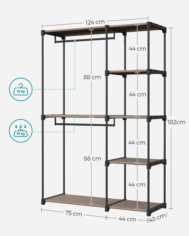 Armoire de rangement 124 x 43 x 182 cm avec étagères et tringles design moderne chambre en tissu taupe 12_0011535